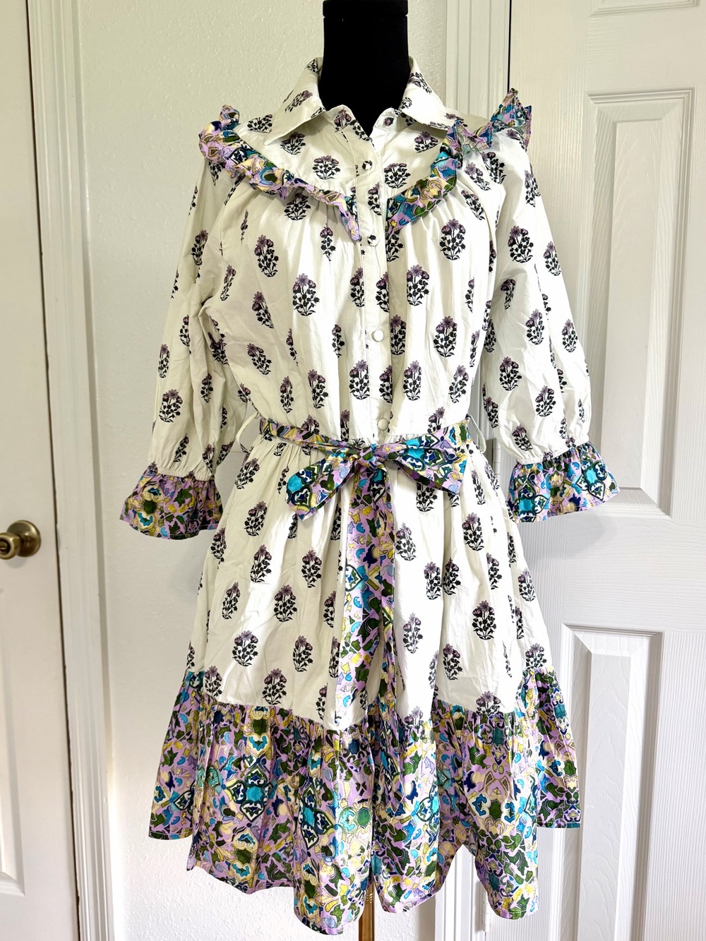 White Floral Ruffle Shirt Dress with Multicolor Trim